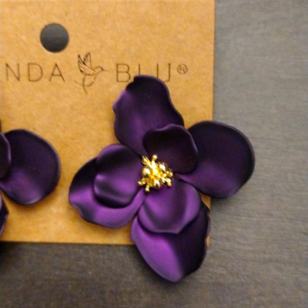 Hand Painted Purple Flower Earrings Brass - Amanda Blu’s - Picture 4 of 7